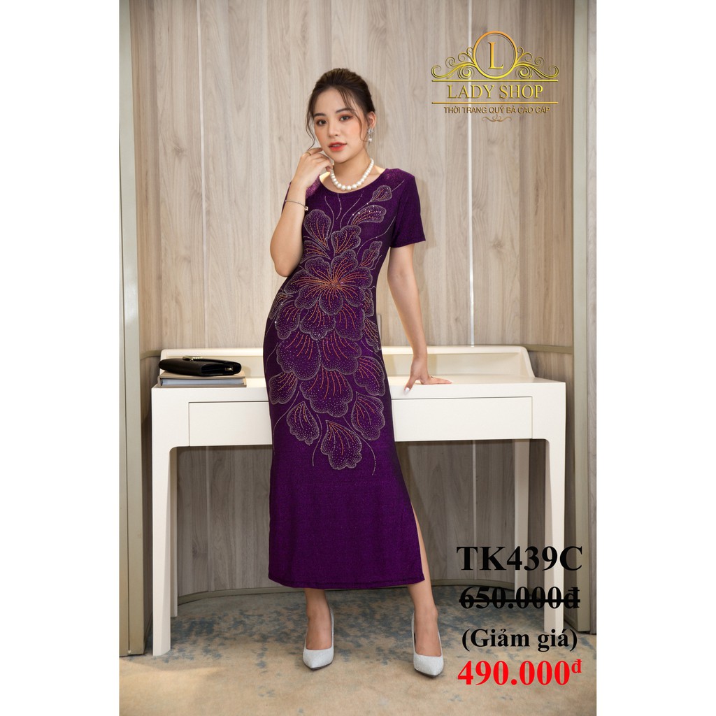 Thời trang trung niên -  Đầm quý bà cao cấp - Ladyshop - Sườn xám nhũ đen bông hoa đá to TK439