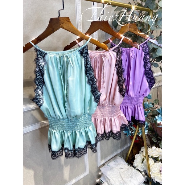 Set cổ yếm lụa mặc nhà phối viền ren đáng yêu, quyến rũ