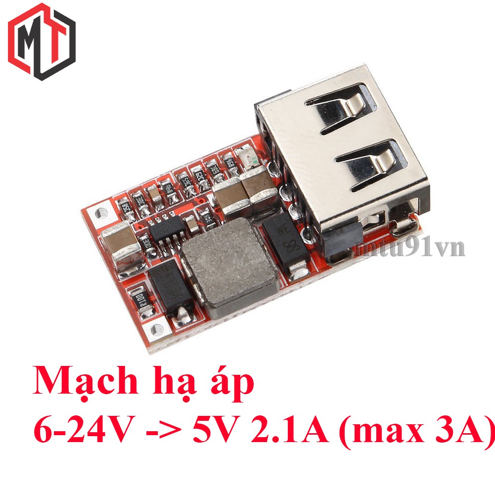 Mạch hạ áp BUCK 6-24VDC xuống 5V - 2.1A USB (max 3A) - chế sạc điện thoại