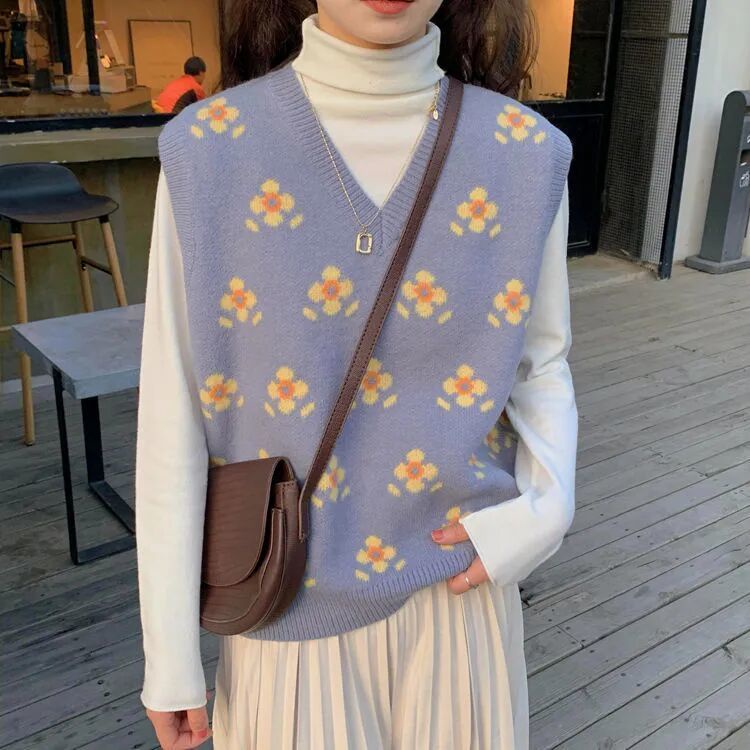 Áo len không tay cổ chữ v dáng rộng thời trang phong cách Hàn Quốc