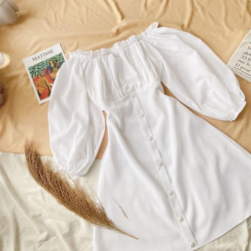 Váy trắng trễ vai thiết kế cúc bọc siêu xinh - Đầm trắng tiểu thư Hàn quốc (sẵn hàng) | BigBuy360 - bigbuy360.vn