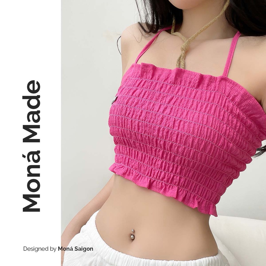 MONÁ - Áo croptop 2 dây may smocking gắn logo nhựa - SERA TOP XANH LÁ/HỒNG