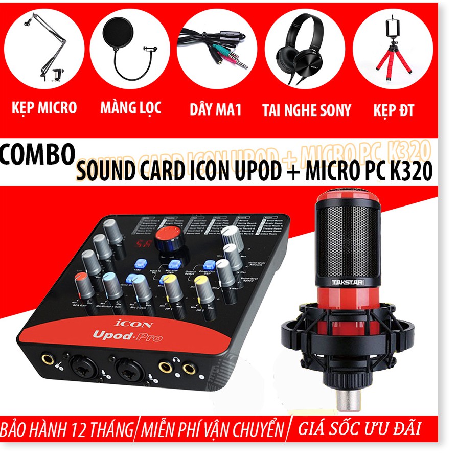 ( COMBO TRỘN BÔ MIC THU ÂM TỐT NHÂT ) Combo thu âm livestream Mic PC K320-Card ICON UPOD PRO kèm màng lọc kẹp mic dây MA