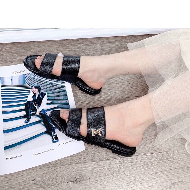 Dép lê nữ LV 2 quai ngang dáng basic da mềm hàng đẹp