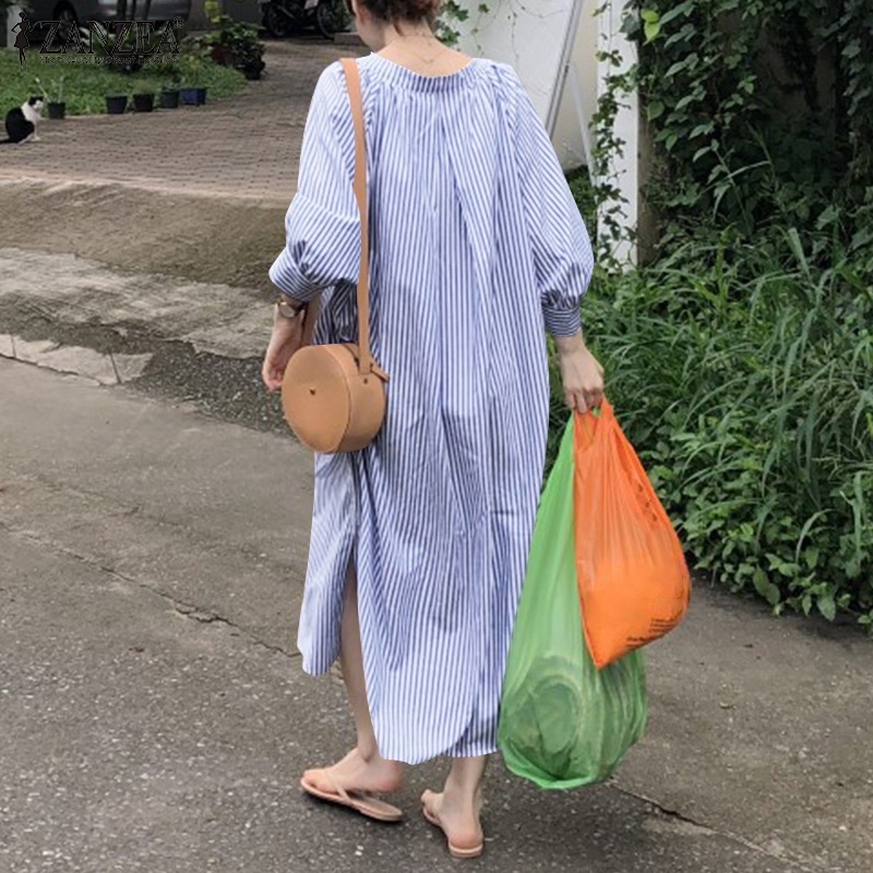 Đầm dài Zanzea tay 3/4 cổ tròn xẻ tà kẻ sọc thời trang dành cho nữ