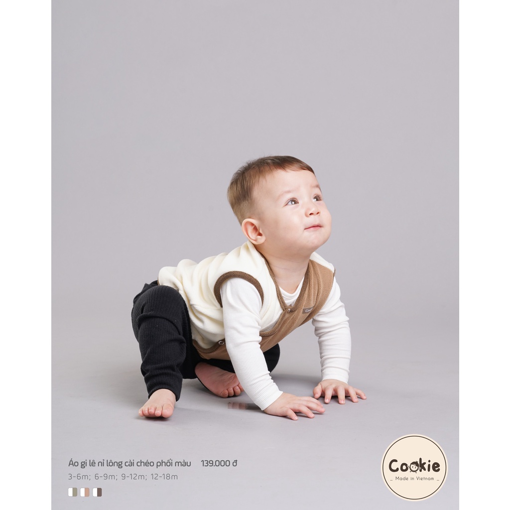 Cookie - Áo gile nỉ lông cài lệch phối màu cho bé trai, bé gái từ 3 tháng đến 18 tháng
