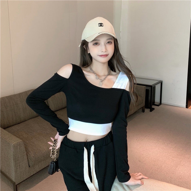 COZOK Áo Thun Tay Dài Hở Vai Phối Màu Tương Phản Quyến Rũ Kiểu Hàn Quốc