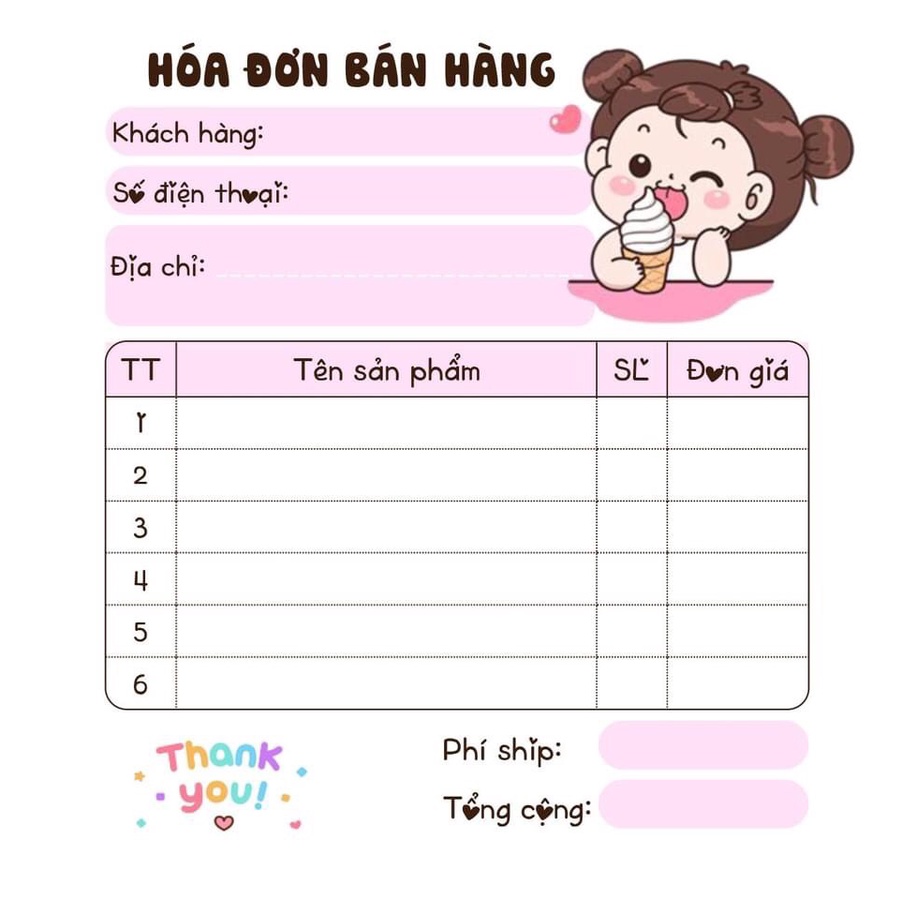 10 cuốn Hoá Đơn Bán Hàng CHIBI HỒNG Mini Dễ Thương 9 x 10 cm.