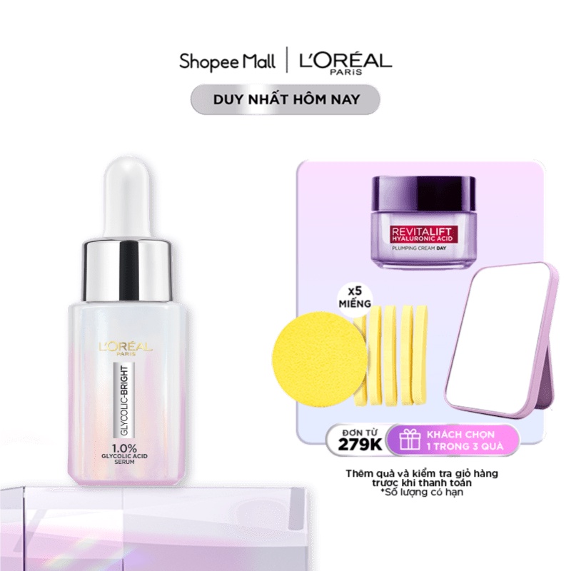 Serum dưỡng sáng mờ thâm nám L'Oreal Paris Glycolic Bright1.0% Glycolic Acid (AHA) 15ml