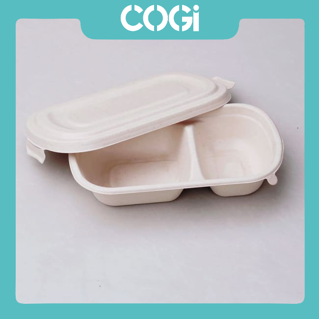 50 hộp bã mía dài 2 ngăn kèm nắp nhựa pet hoặc nắp bã mía 750ml dùng 1 lần chính hãng cogi đựng cơm văn phòng