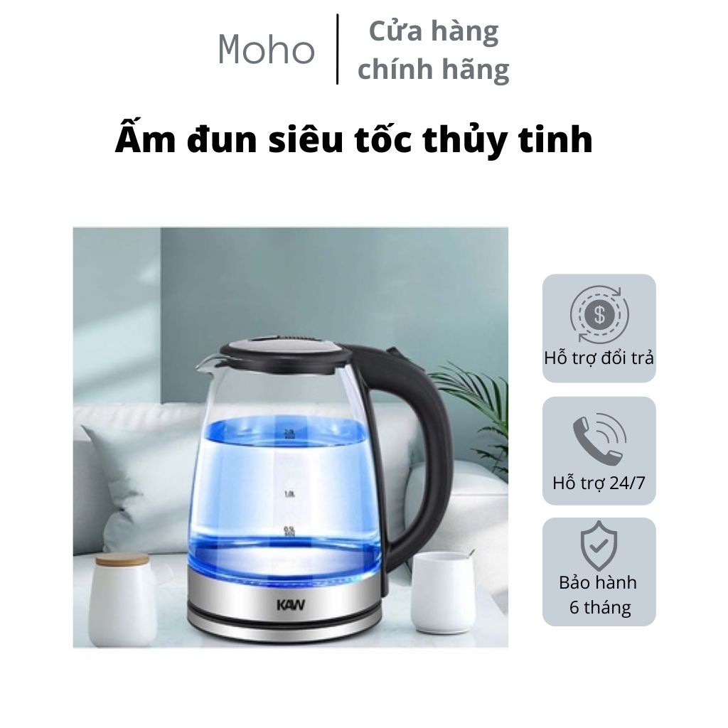 Ấm đun siêu tốc thủy tinh dung tích 2 Lit -Bình đun thủy tinh thương hiệu KAW RK1818
