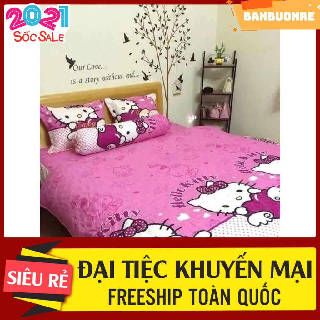 Bộ 1 ga chun và 2 vỏ gối nằm Hello kitty cánh tim m6