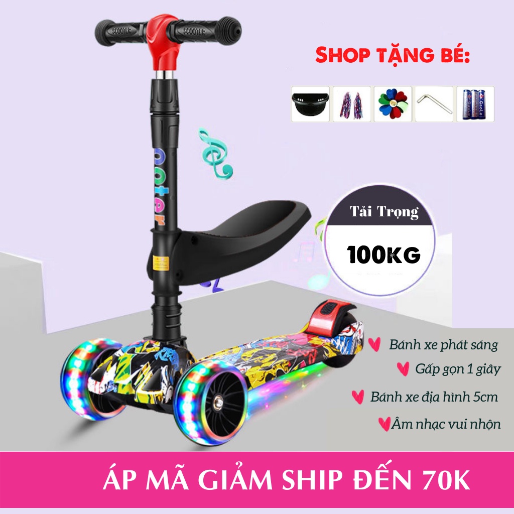 Xe trượt scooter cho bé Graffiti BILA KIDS có ghế ngồi, nhạc đèn vui nhộn, chòi chân, bánh xe phát sáng vĩnh cửu