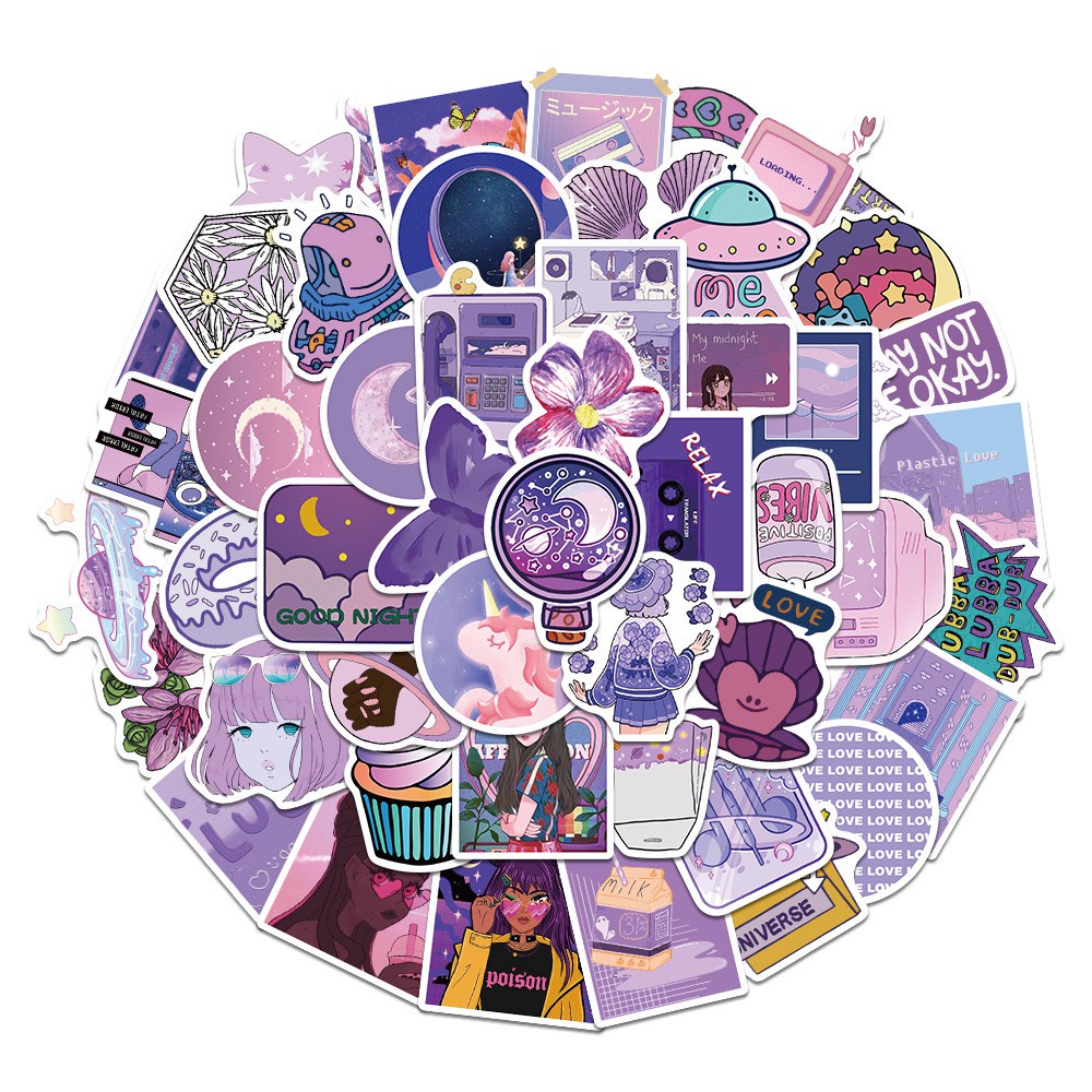 Bộ 50 miếng dán trang trí laptop / xe hơi / vali chống thấm nước tiện dụng màu tím