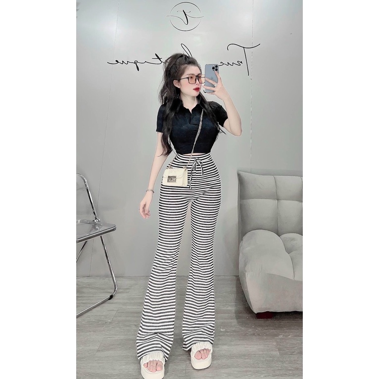 sét bộ gân quần kẻ sọc phối áo cổ trụ ngắn tay