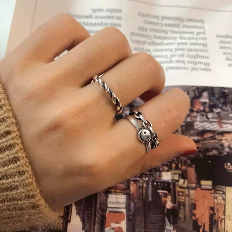 Set nhẫn mạ bạc MAYEBE LAVEND hình mặt cười phong cách thời trang Hàn Quốc