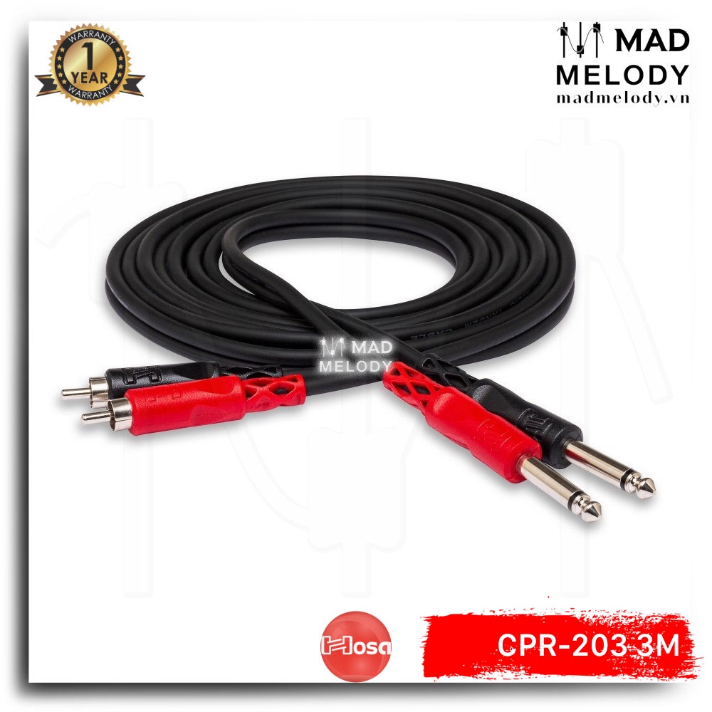 Hosa Stereo Interconnect CPR-203 (3m)(2 1/4in TS - 2RCA) [Dây cáp tín hiệu loa 6.35mm TS qua bông sen, NEW & chính hãng]