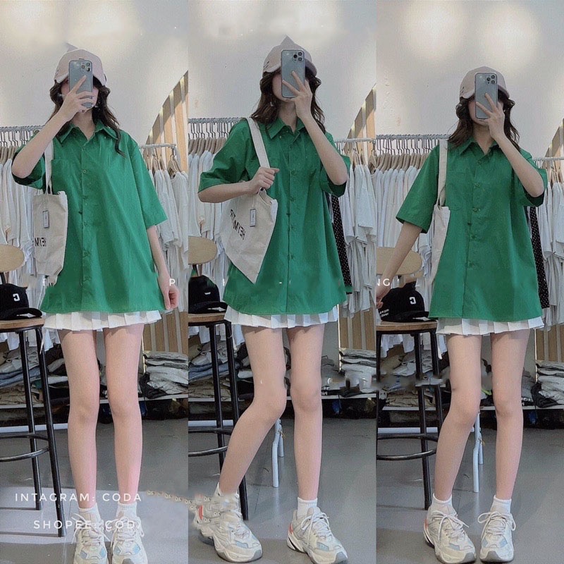 Áo sơ mi cộc tay unisex 3 màu túi ngực, form rộng, vải lụa thô thoáng mát, thời trang nữ Basic
