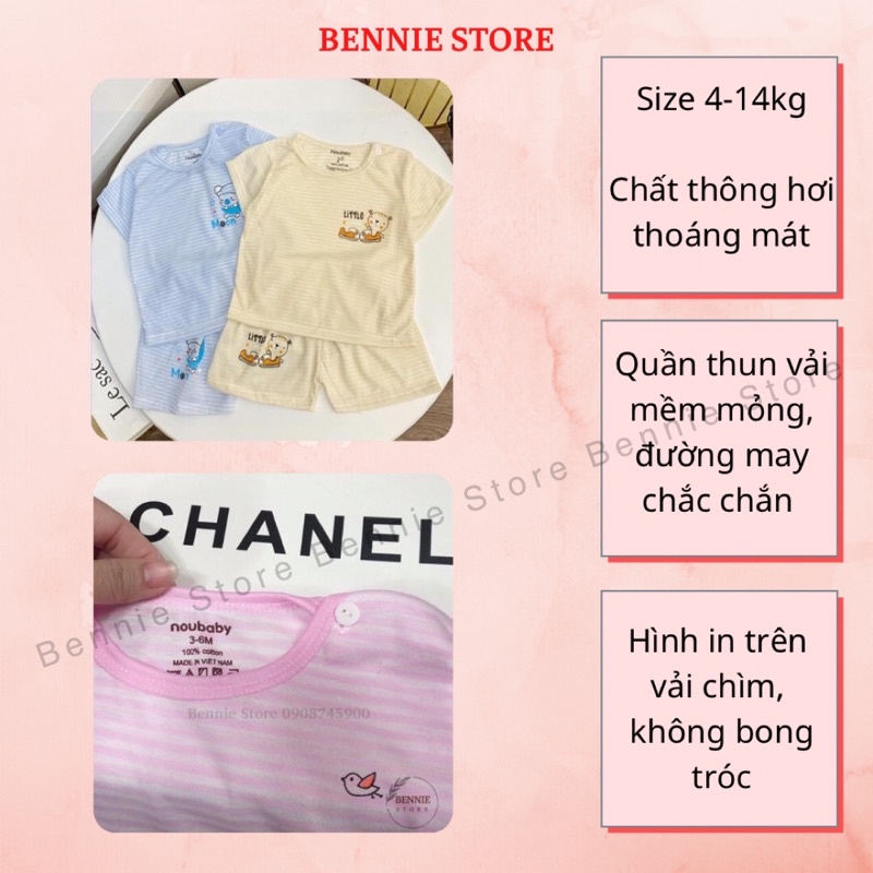 Bộ ngắn tay cho bé 4-14kg, Bộ cộc tay cotton giấy cài vai kẻ ngang Noubaby