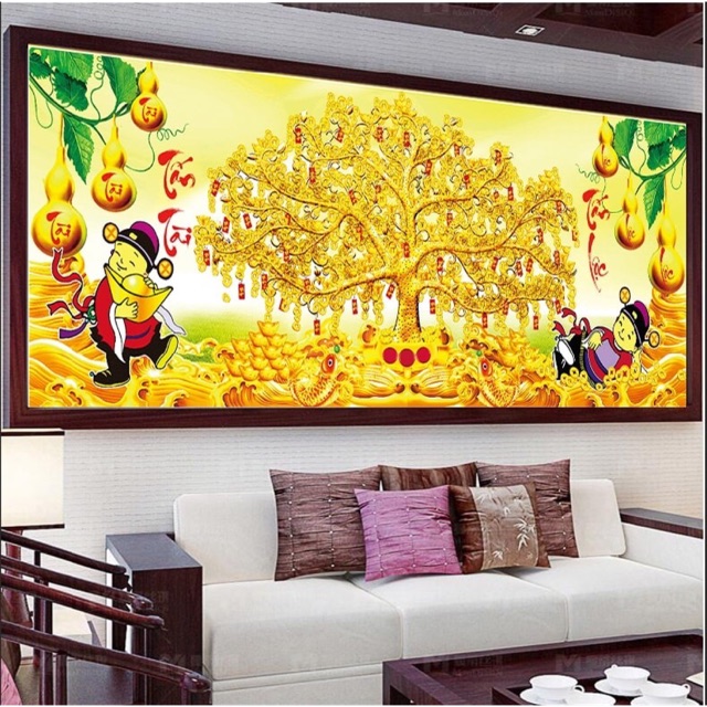Tranh thêu chữ thập tranh đá cây tấn tài tấn lộc và ông thần tài 130x65cm
