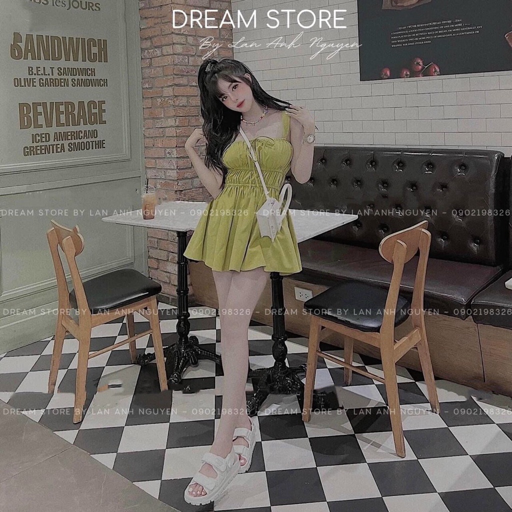 [8.8 Sales Freeship] Đầm 2 dây nhún ngực cột nơ, đầm tiểu thư dáng ngắn sexy nhún ôm eo, đầm midi xòe bánh bèo