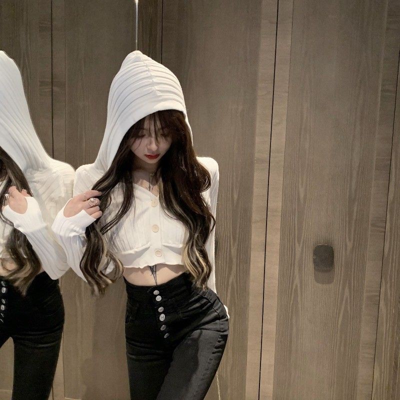 [ORDER] Áo len mỏng có mũ dáng croptop cá tính ulzzang - Có ảnh thật