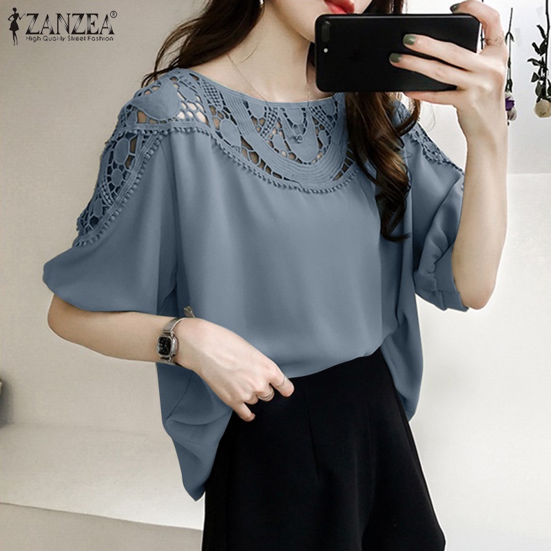 Áo kiểu ZANZEA tay lỡ cổ tròn phối ren phong cách Hàn Quốc dành cho nữ