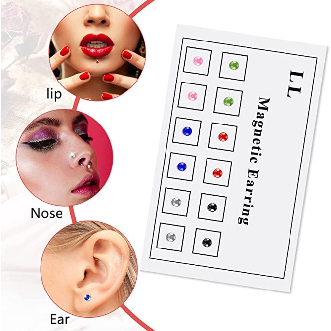 Set 12 Khuyên Kẹp Mũi / Môi / Tai / Mũi Nam Châm Đính Đá Pha Lê Nhiều Màu Chất Lượng Cao