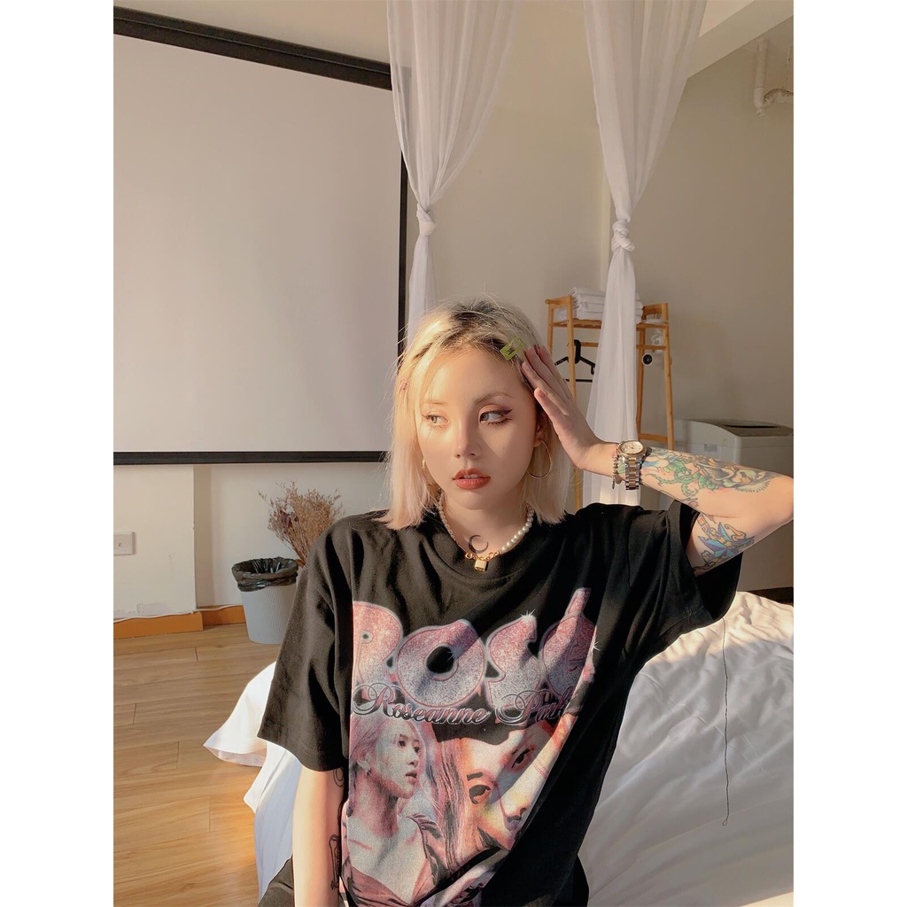 Áo Thun Vintage Thời Trang Đường Phố Rose 1 Tay Lỡ Unisex - Đen/Trắng Cổ Tròn | Blackwork