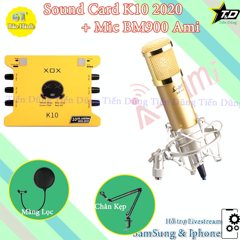 Mic livestream bm900 Ami Sound Card XOX K10 2020 chân màng đã có dây live stream- Bộ mic thu âm sound card k10 2020