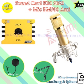 Mua Mic livestream bm900 Ami Sound Card XOX K10 2020 chân màng đã có dây live stream- Bộ mic thu âm sound card k10 2020