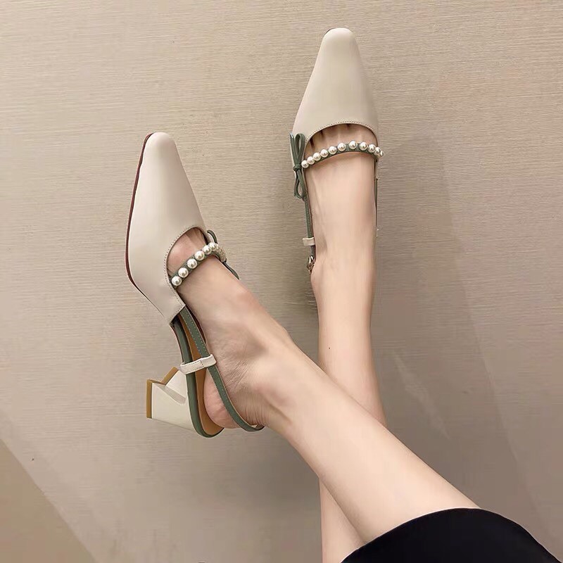 Giày cao gót công sở gót trụ 5cm, giày da mềm hở gót đính cườm ngọc