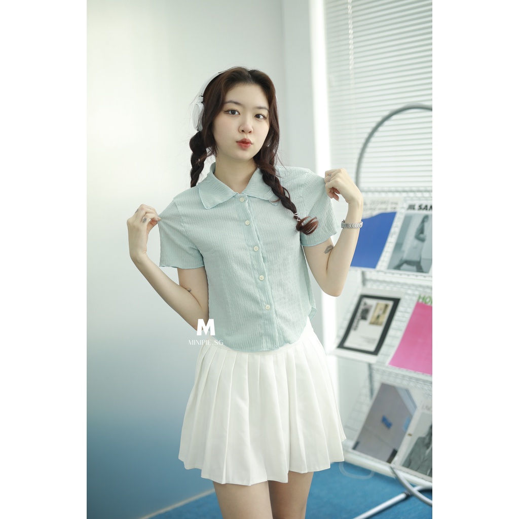 Áo Croptop Tay Ngắn Cổ Sơ Mi Kiểu Dáng Hàn Quốc - Minipie