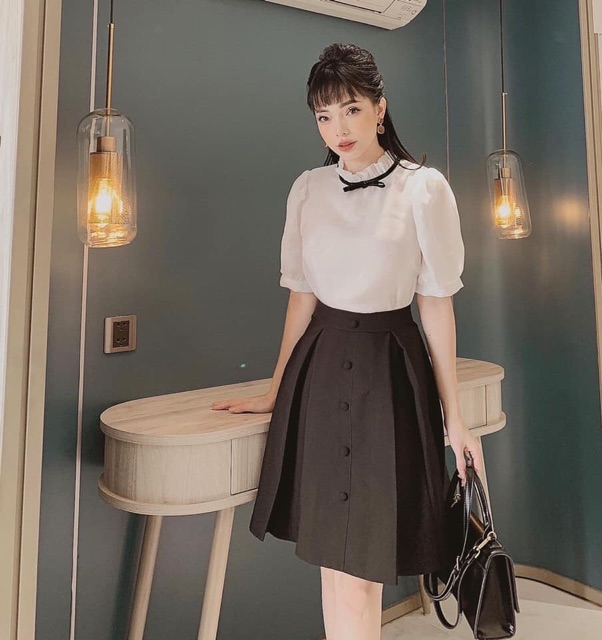 [KÈM ẢNH THẬT]ÁO TRẮNG KATE NƠ ĐEN