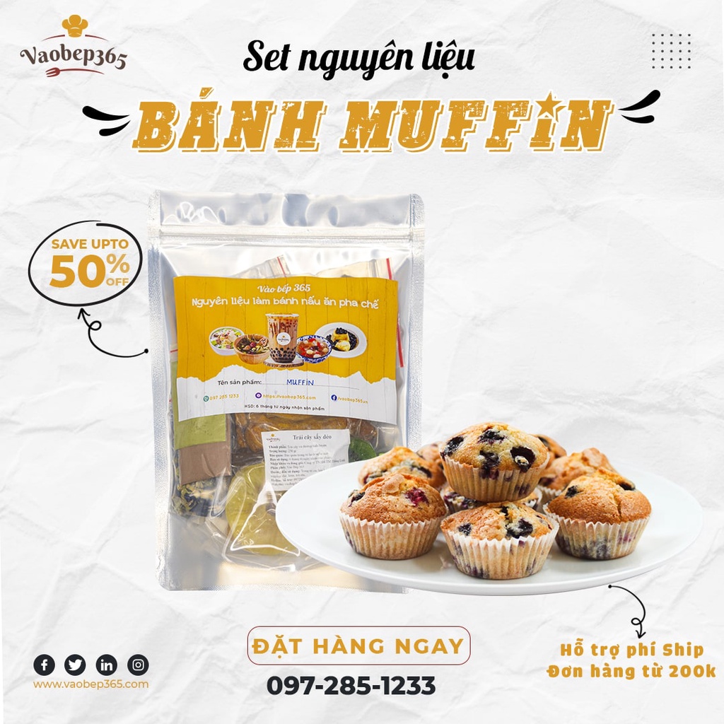 Set Nguyên Liệu Làm Bánh Muffin Trái Cây nhiệt đới xinh, mix 4 vị ngất ngây 600gr Vaobep365