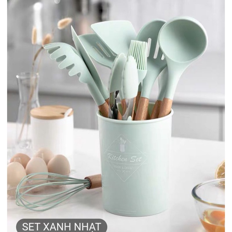 Bộ dụng cụ làm bếp 11 món kèm hộp đựng, chất liệu silicone chịu nhiệt kèm cán gỗ cao cấp