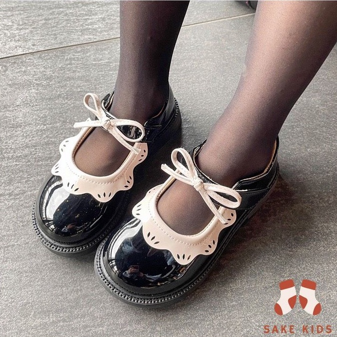 Giày búp bê bé gái- Giày bệt quai dán đính nơ xinh xắn da PU bóng mềm êm chân chống trơn trượt phong cách Hàn Quốc FL188