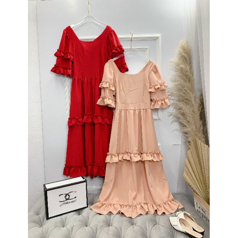 Váy suông baby doll cổ vuông thiết kế vintage 2 màu hồng nude - đỏ sia clothing