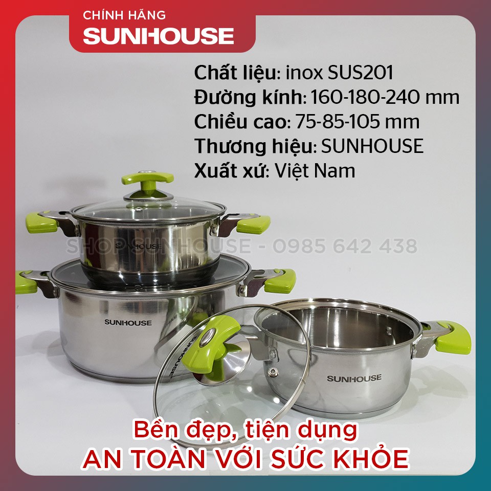 Bộ nồi inox 3 đáy SUNHOUSE SH336 phi 16-18-24cm vung kính đáy từ