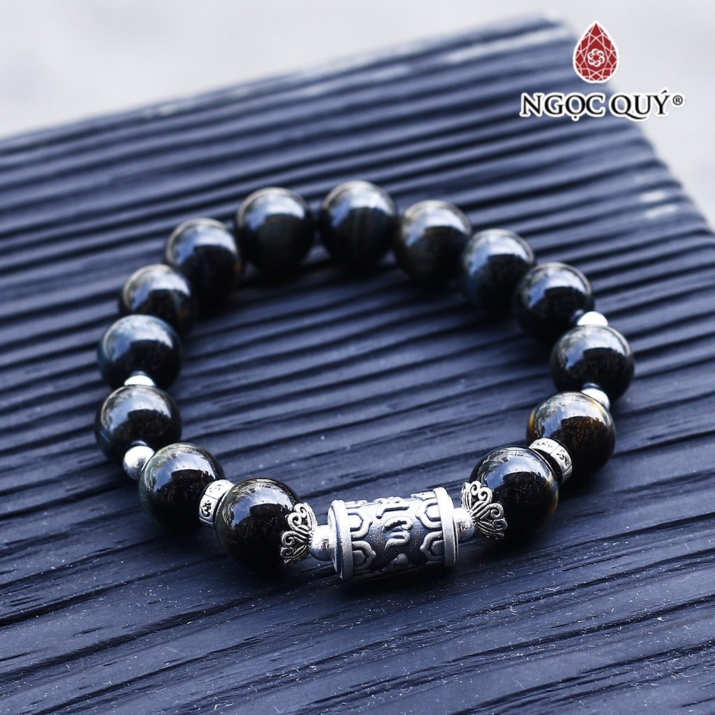 Vòng mắt hổ xanh đen phối charm lục tự bạc - Ngọc Quý