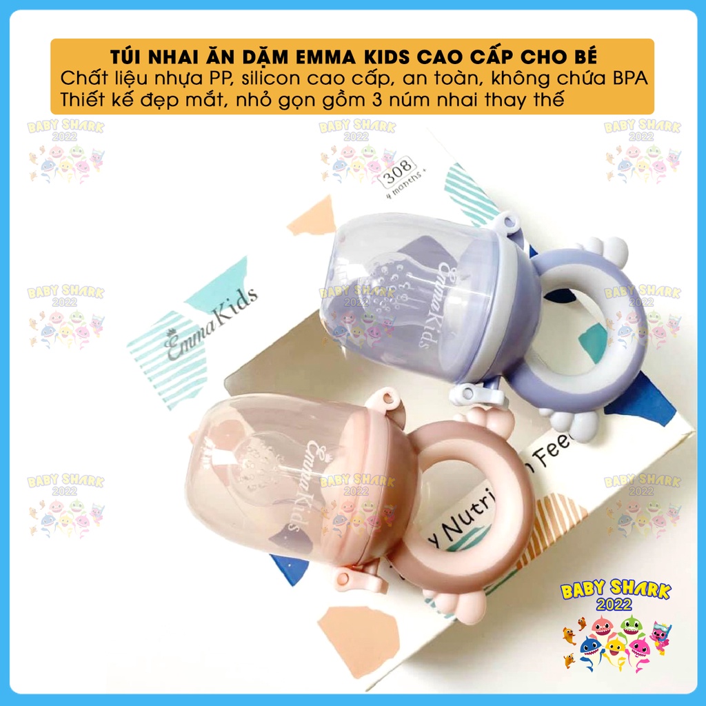 [Tặng dây đeo] Túi nhai ăn dặm cho bé Emma Kids bằng silicon cao cấp (Kèm 3 núm nhai)