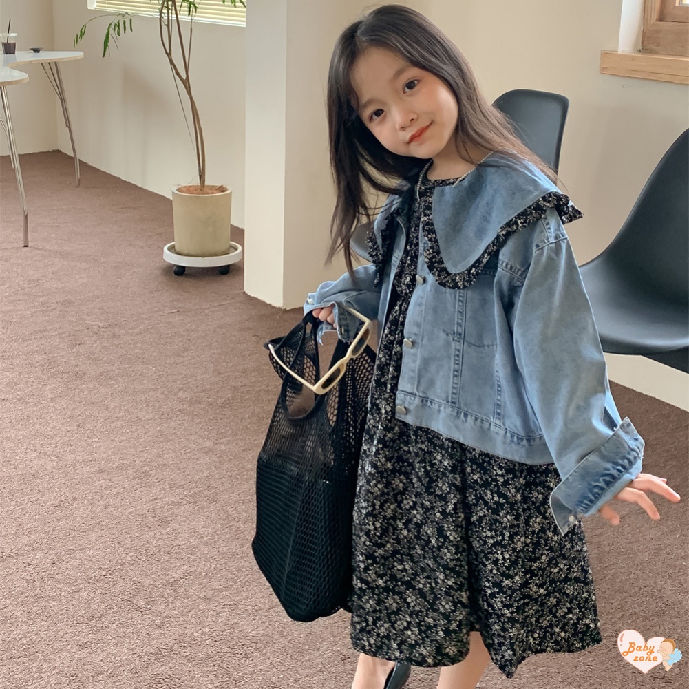 Bộ Áo Khoác Denim + Đầm Hoa Phong Cách Phương Tây Cho Bé Gái