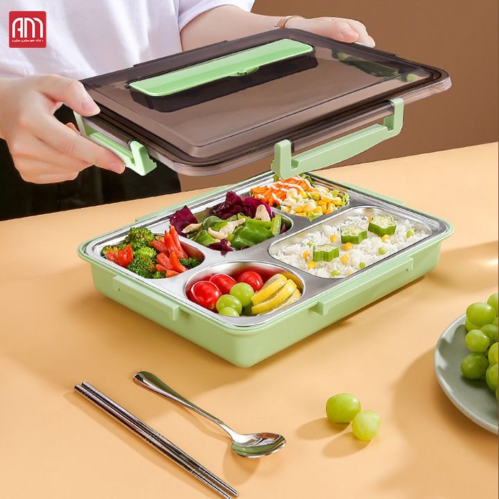 Khay Đựng Cơm Văn Phòng,Khay Cơm Inox 5 Ngăn Có Nắp Đậy Tiện Dụng