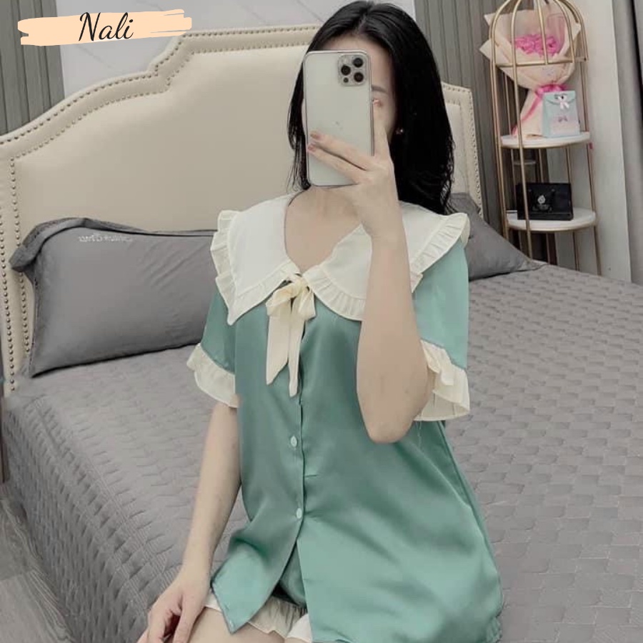 Bộ pijama satin mềm mát, bộ đồ ngủ cộc tay cổ thắt nơ công chúa dễ thương, mát mẻ hàng loại 1 NL139 | BigBuy360 - bigbuy360.vn