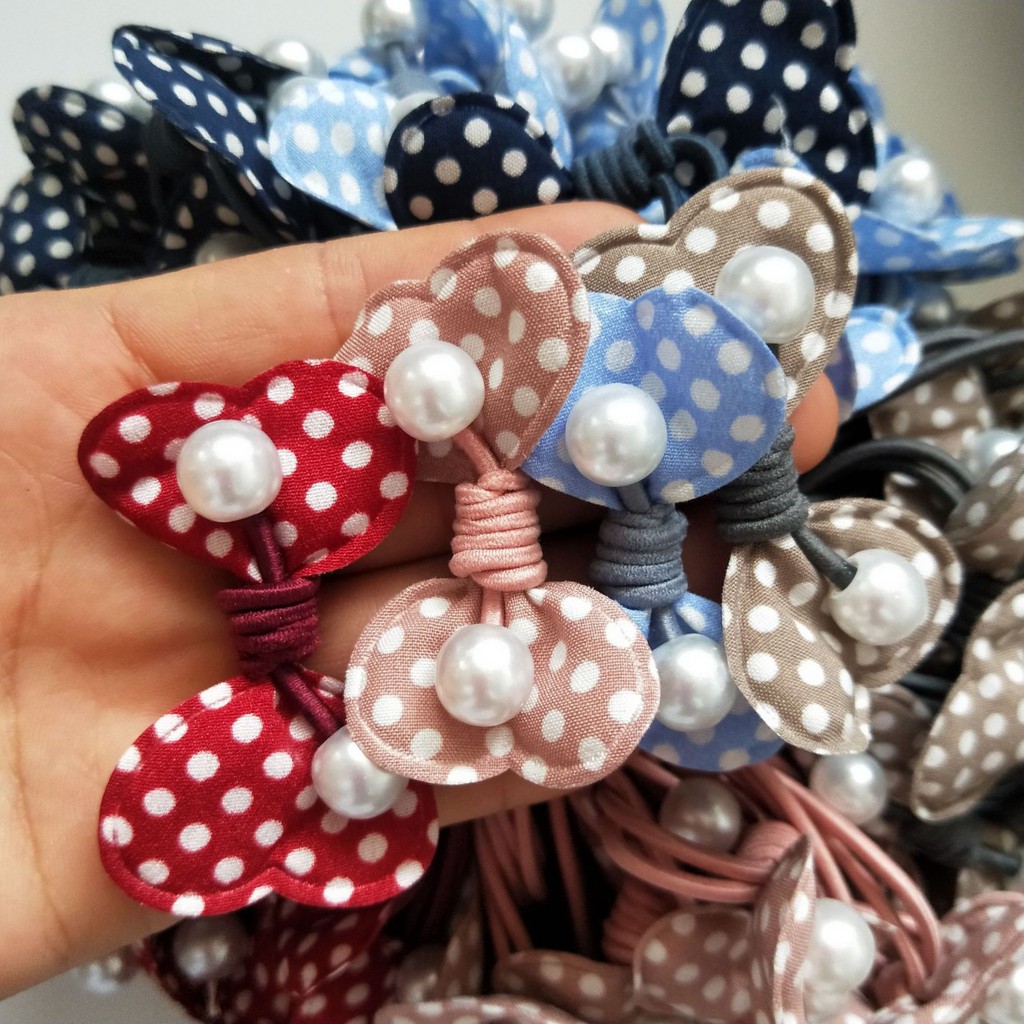 Dây buộc tóc cột tóc chấm bi cánh bướm kèm hạt châu cho bạn gái