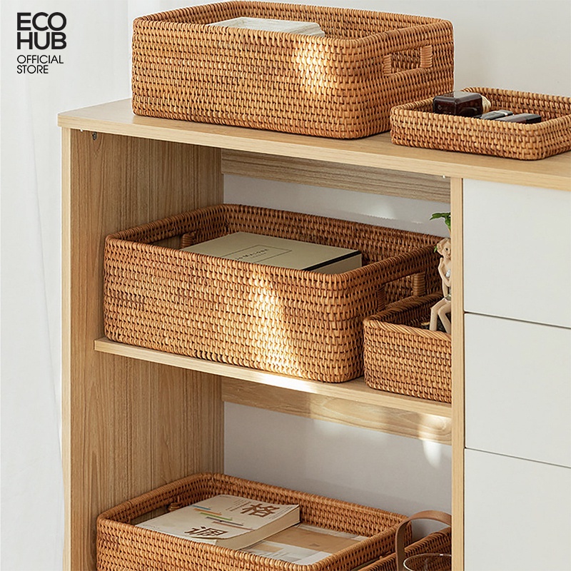 Giỏ mây có tay cầm ECOHUB đựng đồ có nắp decor cao cấp (Rattan box)