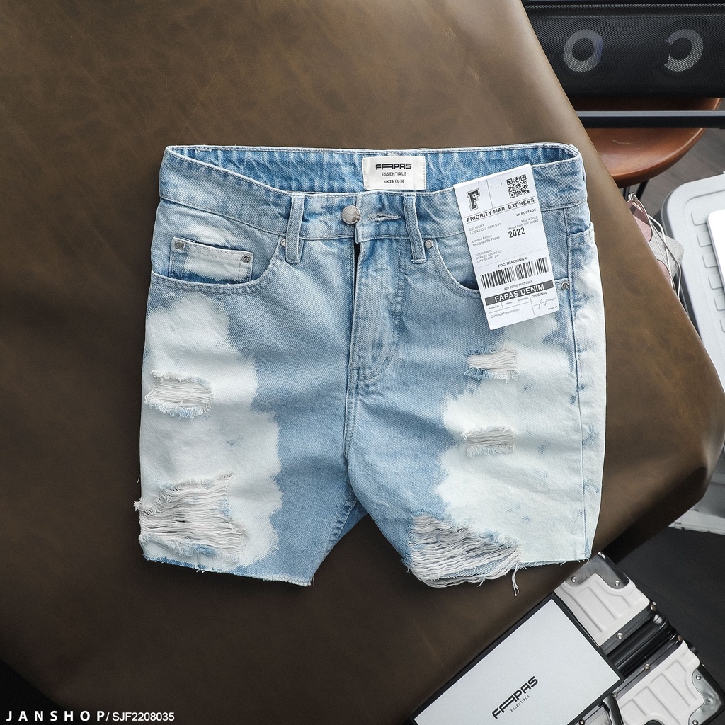 Short jean bụi bặm kiểu phối loang màu, thả lai và các vết rách xước bụi bặm