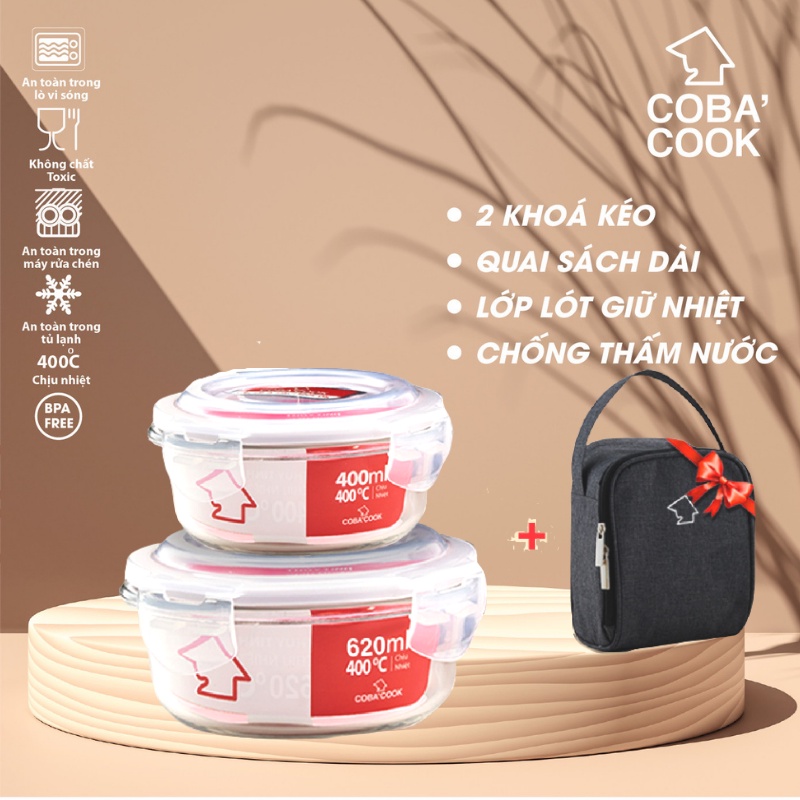 Mua 2 hộp đựng cơm thủy tinh trữ thức ăn thực phẩm chịu nhiệt hình tròn 620ml và 400ml TẶNG 1 túi giữ nhiệt- CCR6R42BS