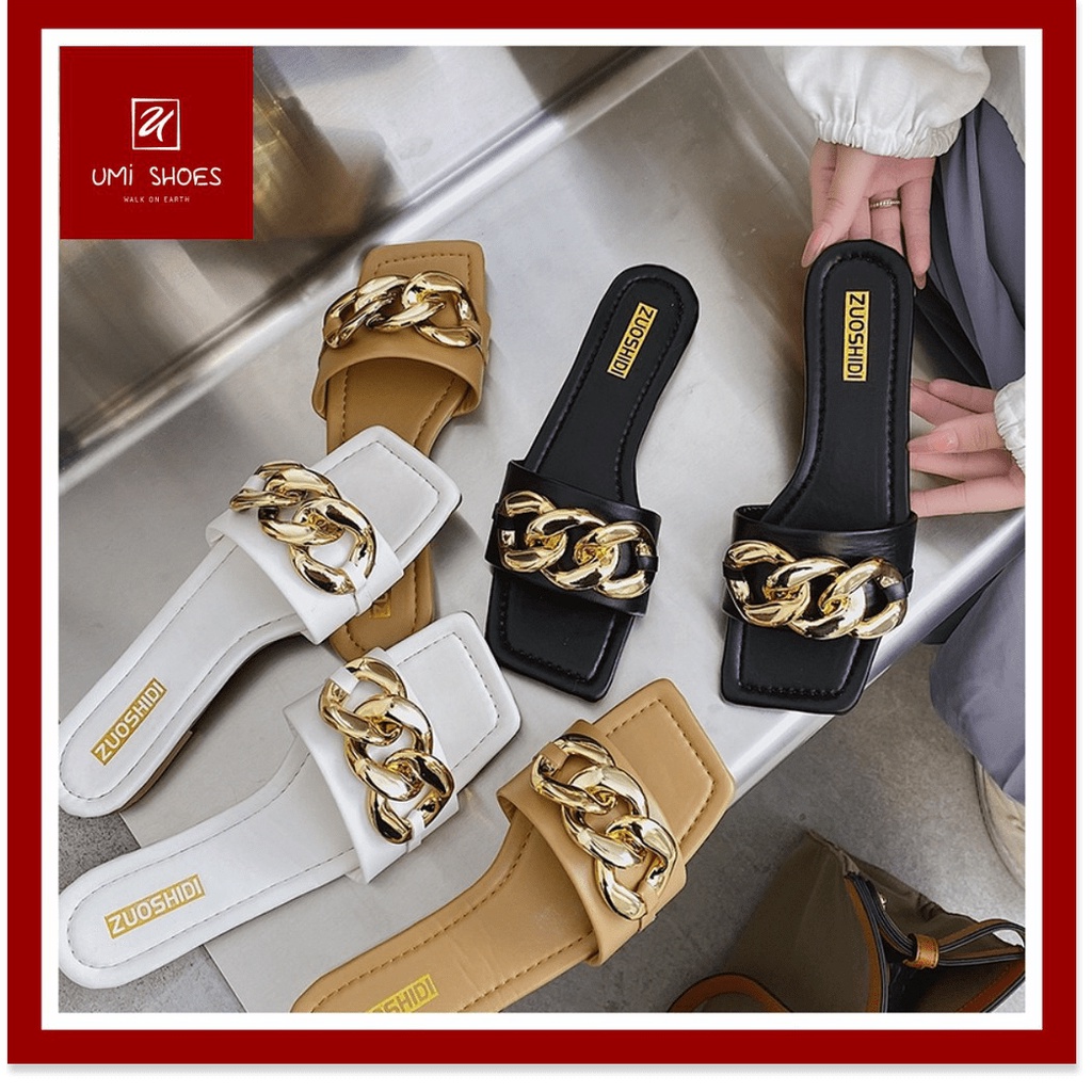 ★ ᗩᗰᗩᘔ𝗜ᑎ𝗚 𝗦𝗛𝗢𝗘𝗦 ★ Dép nữ quai ngang móc khóa xích bản to sáng chân mũi vuông đế bệt thời trang nhẹ nhàng mới hot