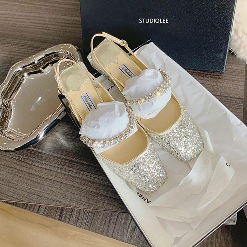 Giày Cao Gót Mũi Vuông Đính Đá Thời Trang Xuân Hè Mới 2022